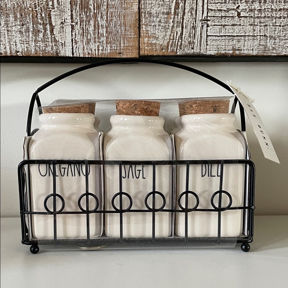 Rae Dunn Cream Ceramic Spice Jars with Cork Lids and Black Wire Rack